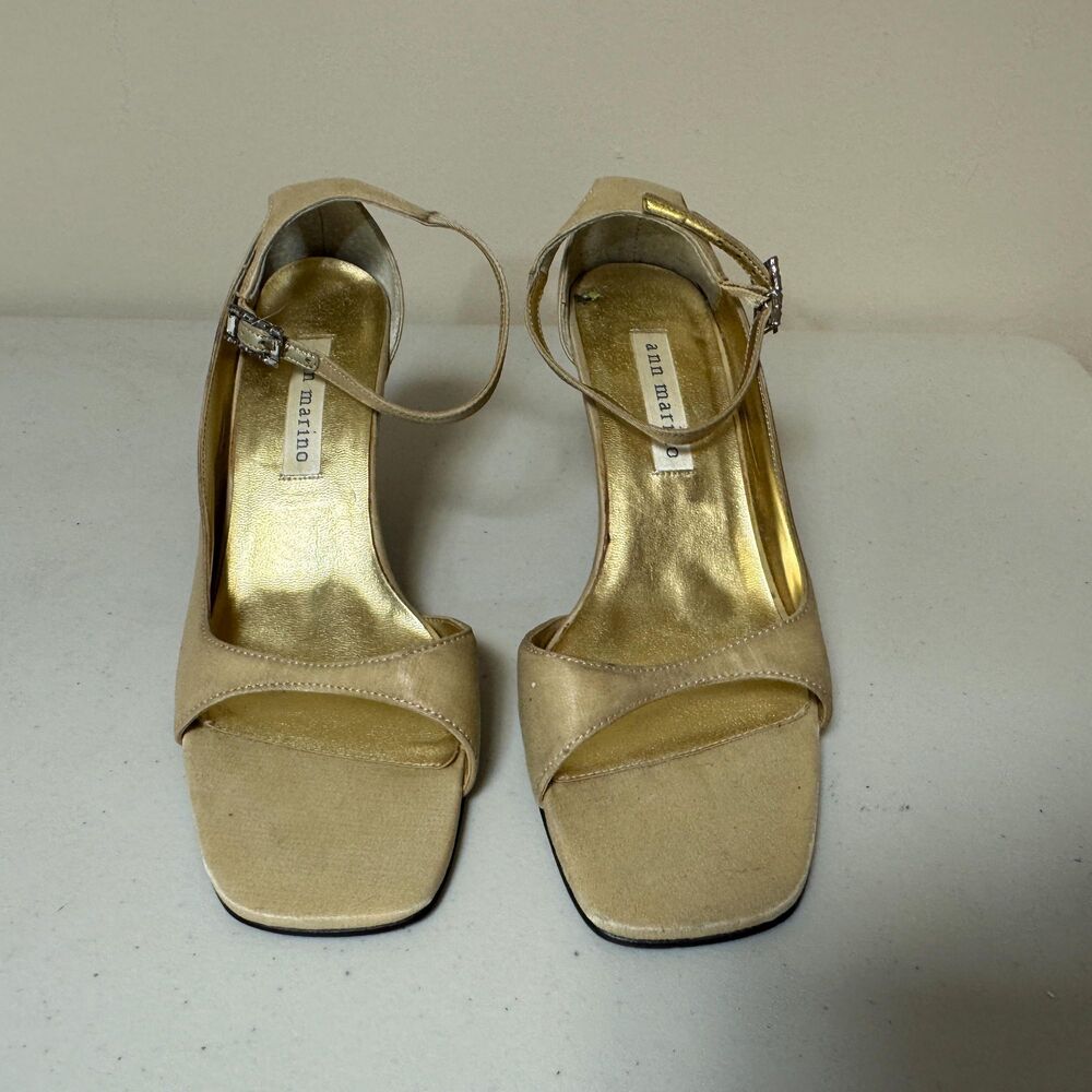 Ann Marino Gold Open Toe Heel Shoes Women's 8 Ankle Strappy Gold Champagne Pump